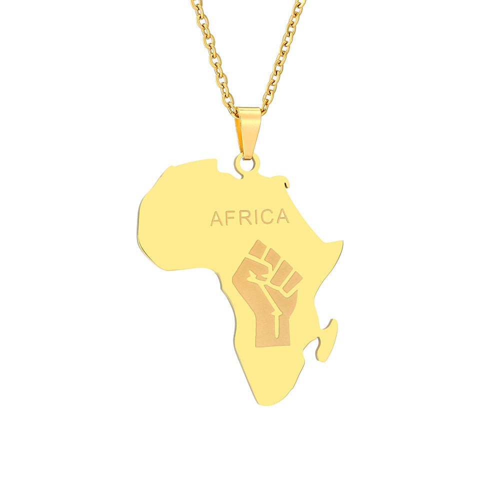 Men And Women Couple Titanium Steel Glossy Gold Africa Map Fist Shape Pendant Necklace