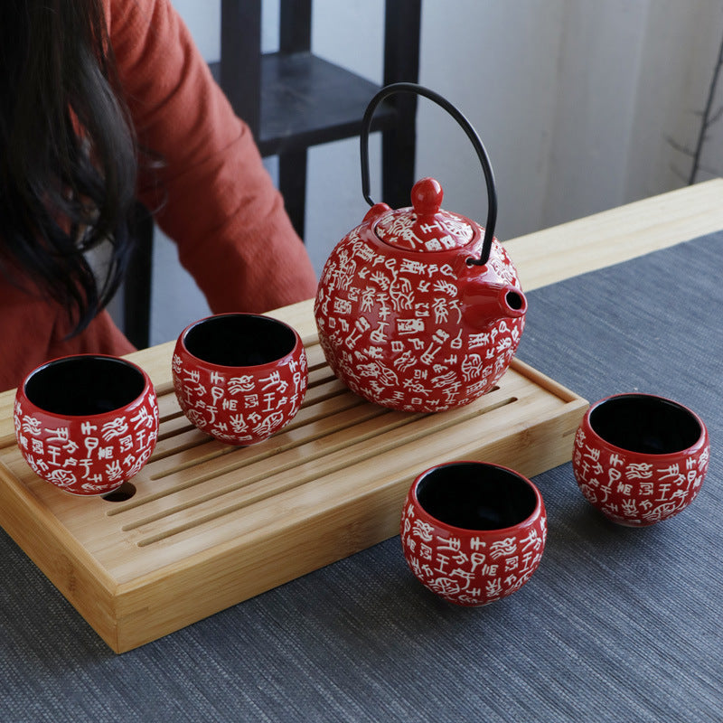 China Red Large Capacity Household Ceramic Tea Set