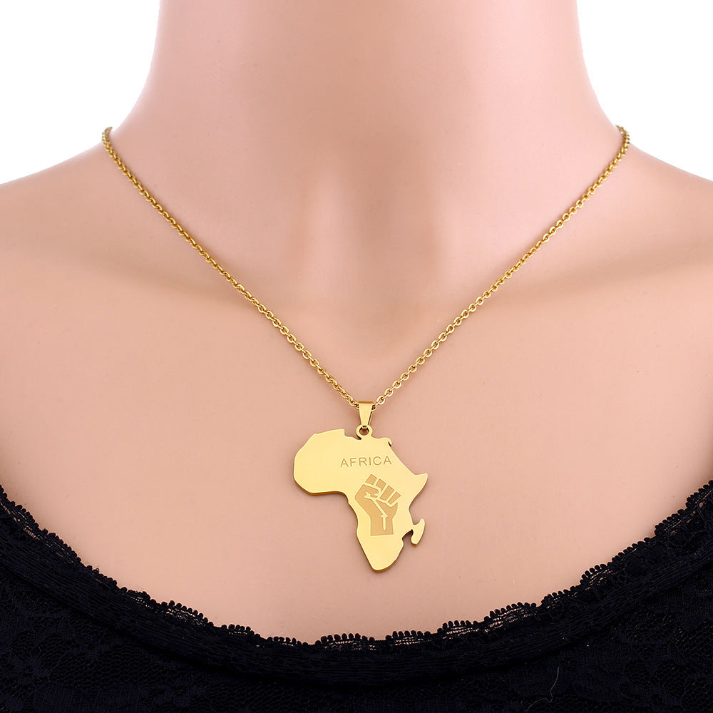 Men And Women Couple Titanium Steel Glossy Gold Africa Map Fist Shape Pendant Necklace