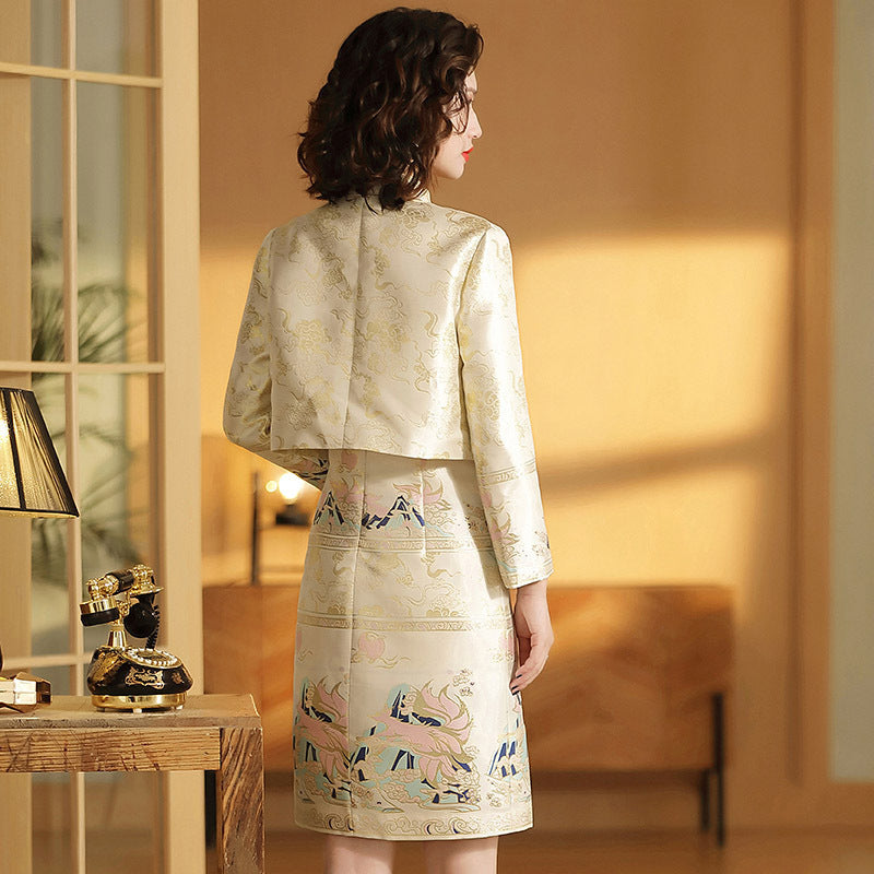Retro Nine Tail Fox Longteng Stitching Republic Of China Style Jacquard Cheongsam Suit