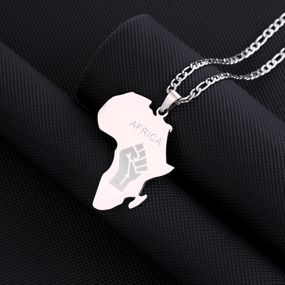 Men And Women Couple Titanium Steel Glossy Gold Africa Map Fist Shape Pendant Necklace