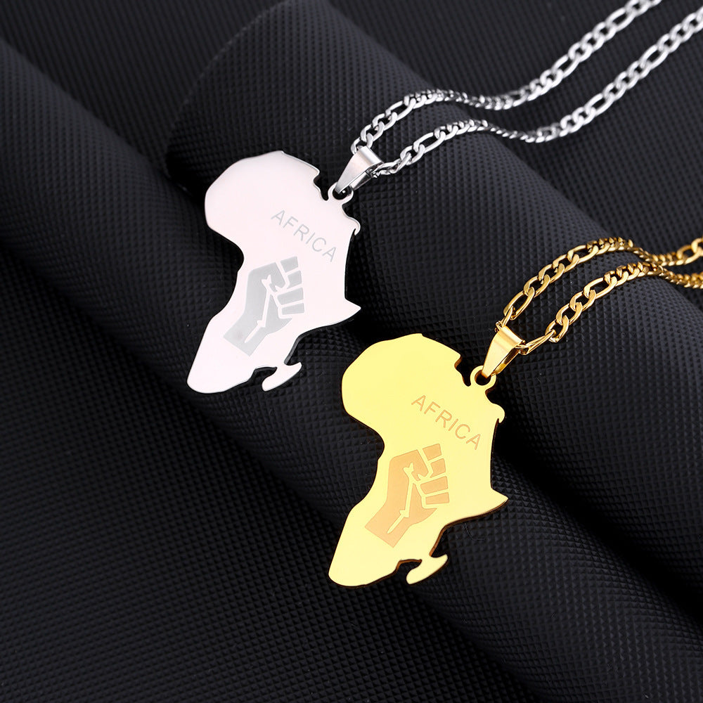 Men And Women Couple Titanium Steel Glossy Gold Africa Map Fist Shape Pendant Necklace