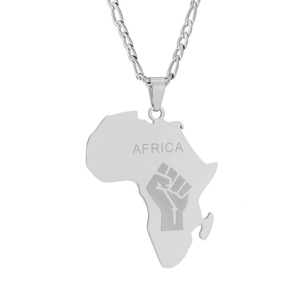 Men And Women Couple Titanium Steel Glossy Gold Africa Map Fist Shape Pendant Necklace