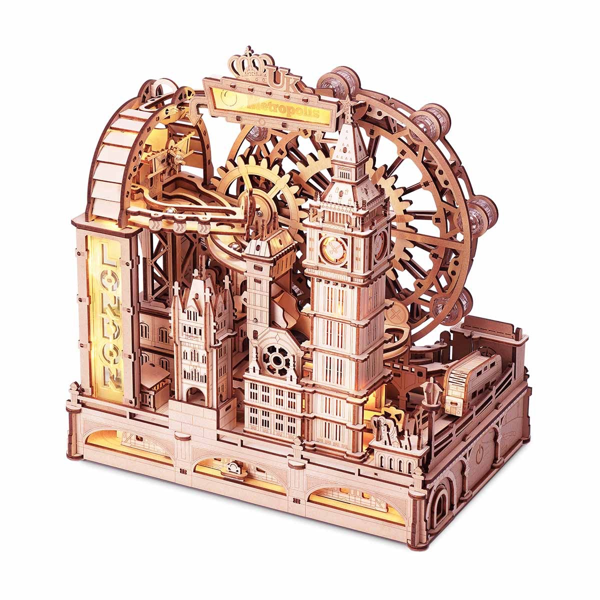 ROBOTIME 3D Wooden Puzzle London City Mechanical Model With Marble Run & LED Lights, DIY Decorative Kit For Adults & Teens