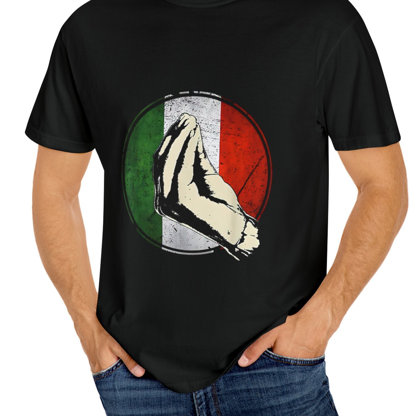 Men's Summer Casual Street Style Elastic Round Neck T-shirt With Creative Italian Gesture Print