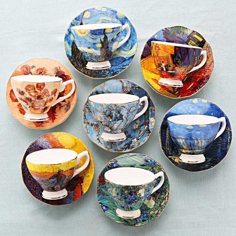 Oil Painting Bone China Coffee Cup British Light Luxury Saucer Spoon