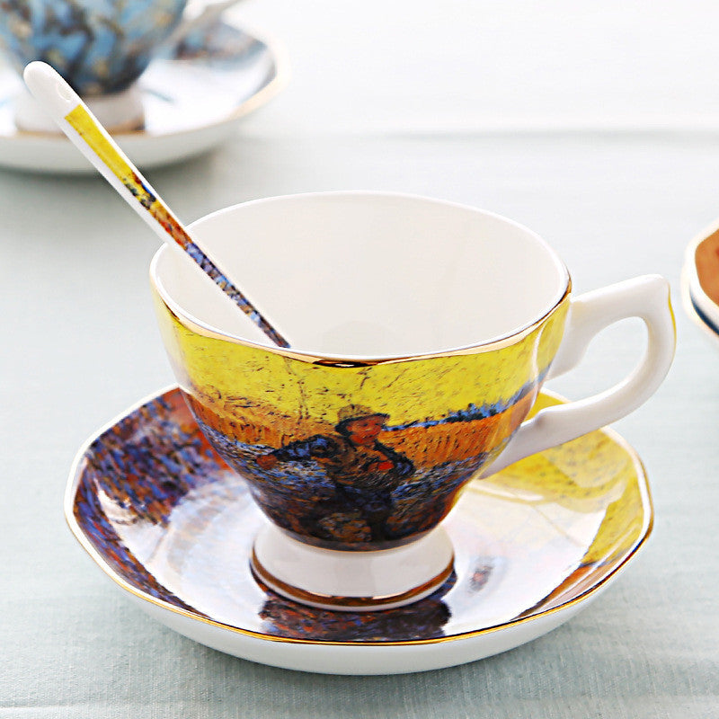 Oil Painting Bone China Coffee Cup British Light Luxury Saucer Spoon
