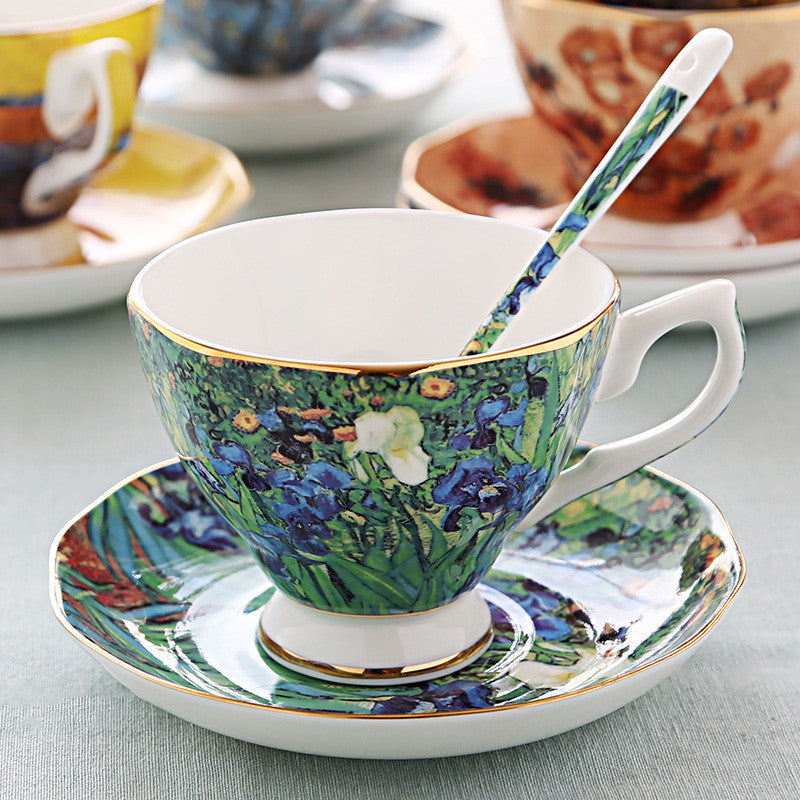Oil Painting Bone China Coffee Cup British Light Luxury Saucer Spoon