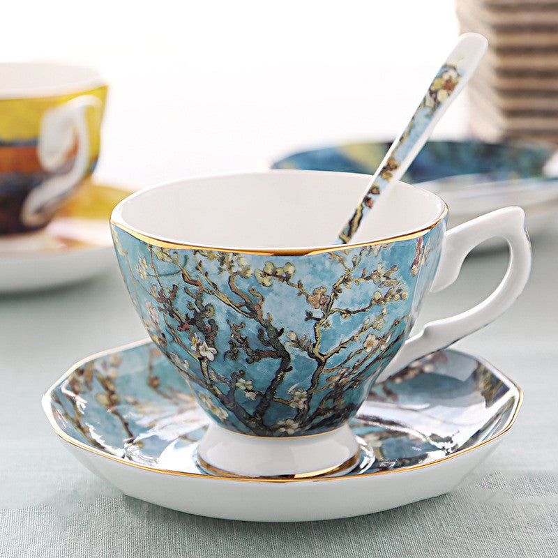 Oil Painting Bone China Coffee Cup British Light Luxury Saucer Spoon