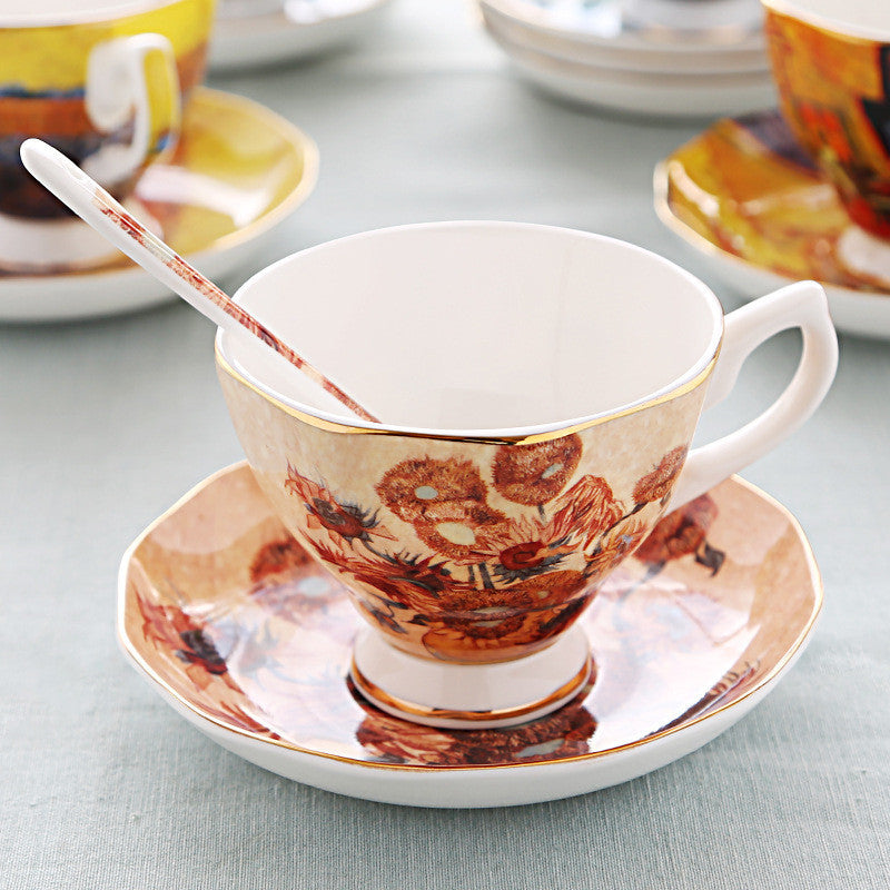 Oil Painting Bone China Coffee Cup British Light Luxury Saucer Spoon