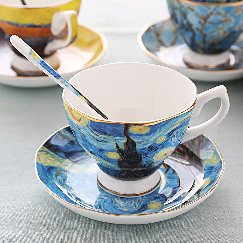 Oil Painting Bone China Coffee Cup British Light Luxury Saucer Spoon