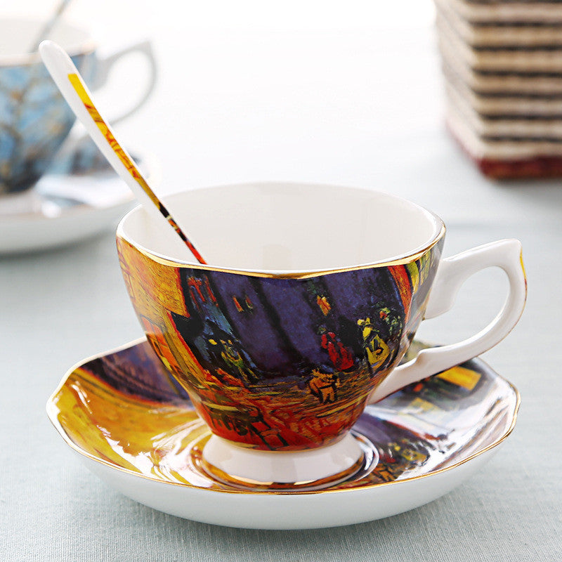 Oil Painting Bone China Coffee Cup British Light Luxury Saucer Spoon
