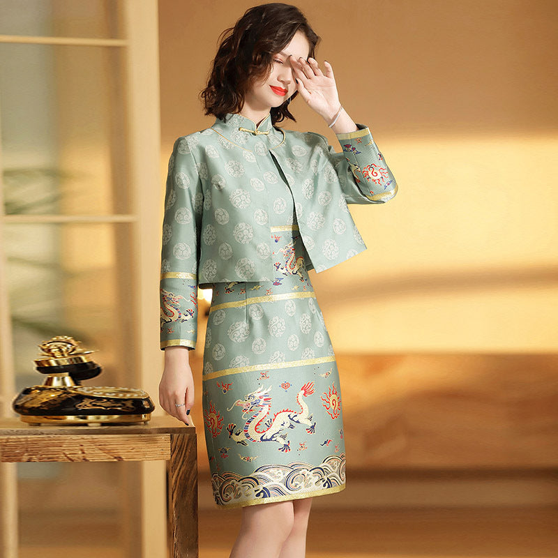 Retro Nine Tail Fox Longteng Stitching Republic Of China Style Jacquard Cheongsam Suit