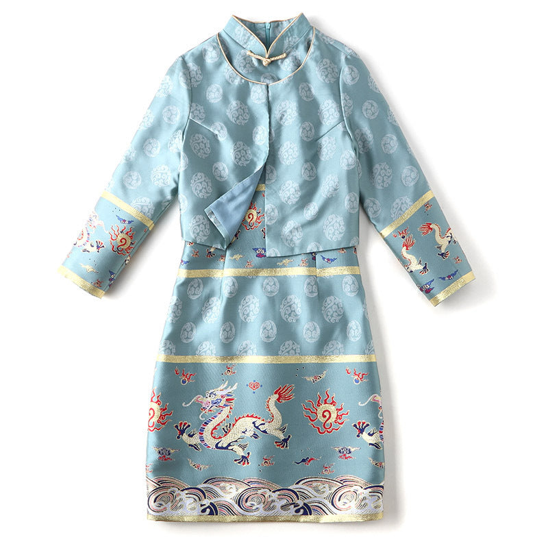 Retro Nine Tail Fox Longteng Stitching Republic Of China Style Jacquard Cheongsam Suit