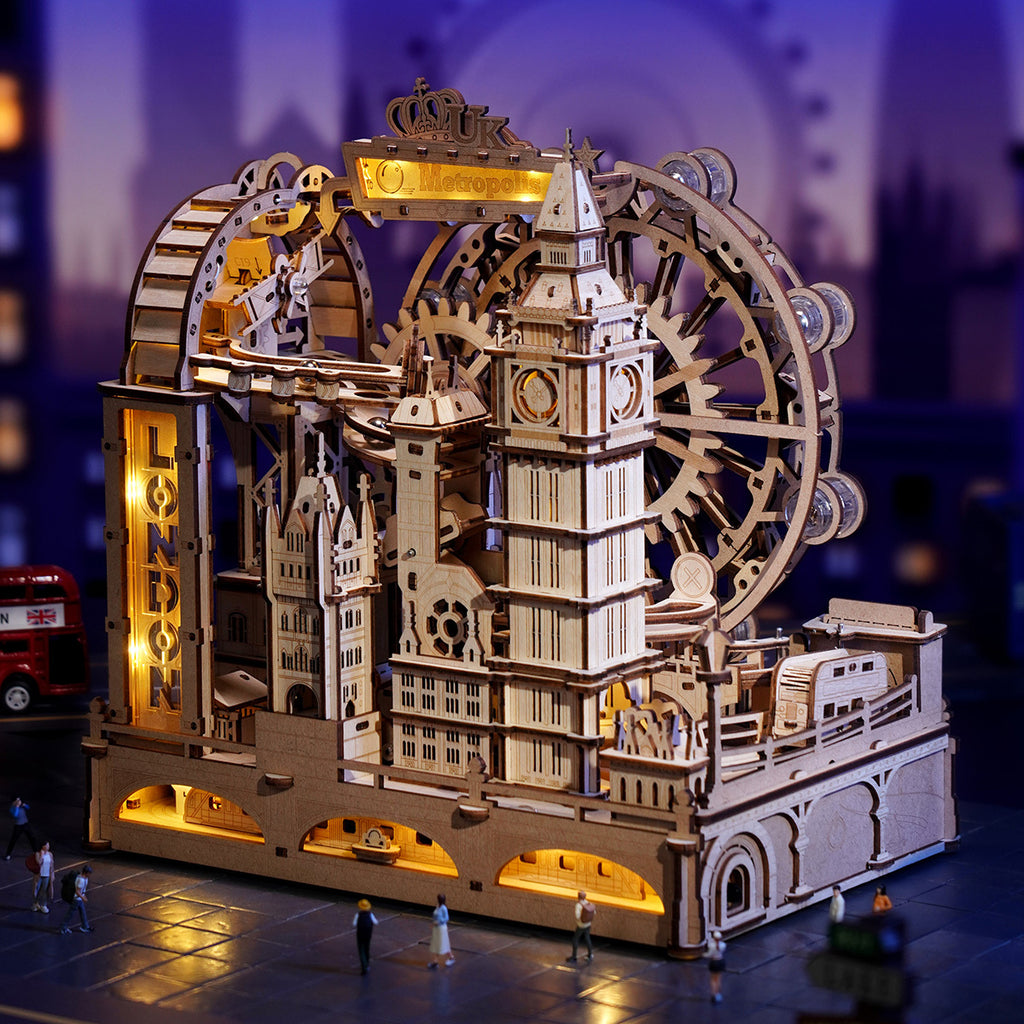 ROBOTIME 3D Wooden Puzzle London City Mechanical Model With Marble Run & LED Lights, DIY Decorative Kit For Adults & Teens