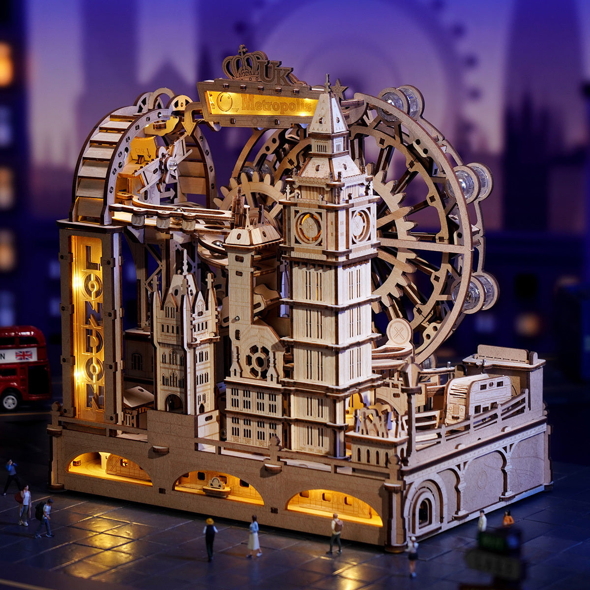 ROBOTIME 3D Wooden Puzzle London City Mechanical Model With Marble Run & LED Lights, DIY Decorative Kit For Adults & Teens