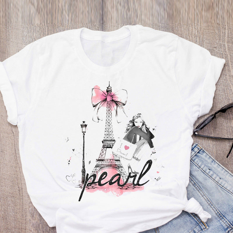 T-Shirt Women's Eiffel Tower Print White Fashion Harajuku T-Shirt