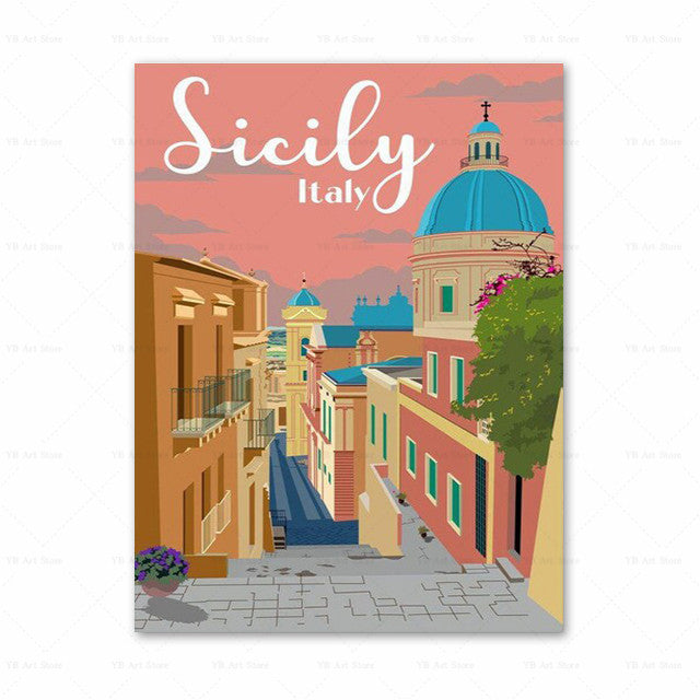 Spain Amalfi Coast Santorini French Riviera Italy Vintage Travel Canvas Painting