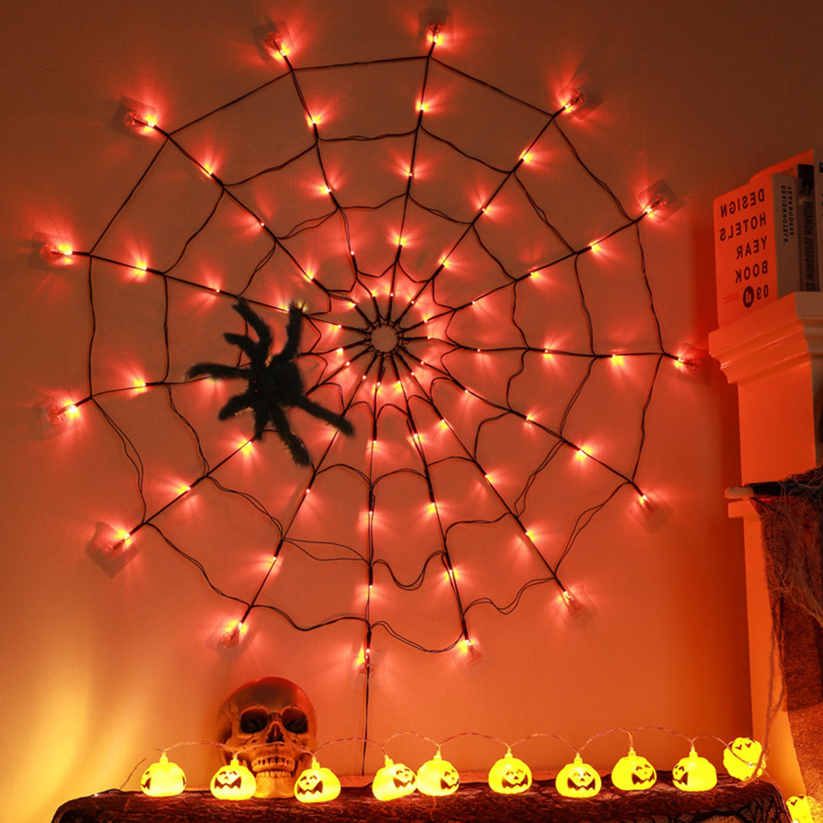 Light-Up Spider Web with Hairy Spider, 3.3 ft, with Remote – image 1
