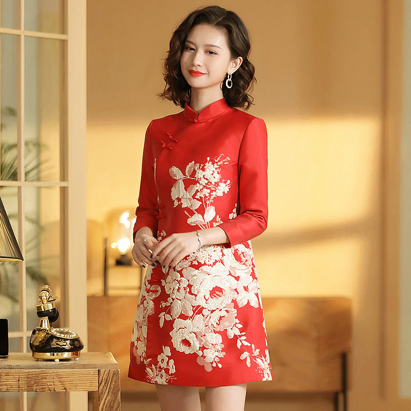 Spring And Autumn Republic Of China Style Retro Women's Clothing Stand-up Collar Jacquard Improved Mid-length Cheongsam Dress Ninth Sleeve A- Line Cheongsam Dress
