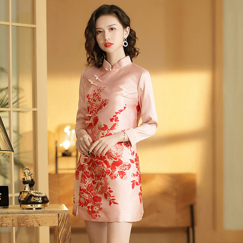 Spring And Autumn Republic Of China Style Retro Women's Clothing Stand-up Collar Jacquard Improved Mid-length Cheongsam Dress Ninth Sleeve A- Line Cheongsam Dress