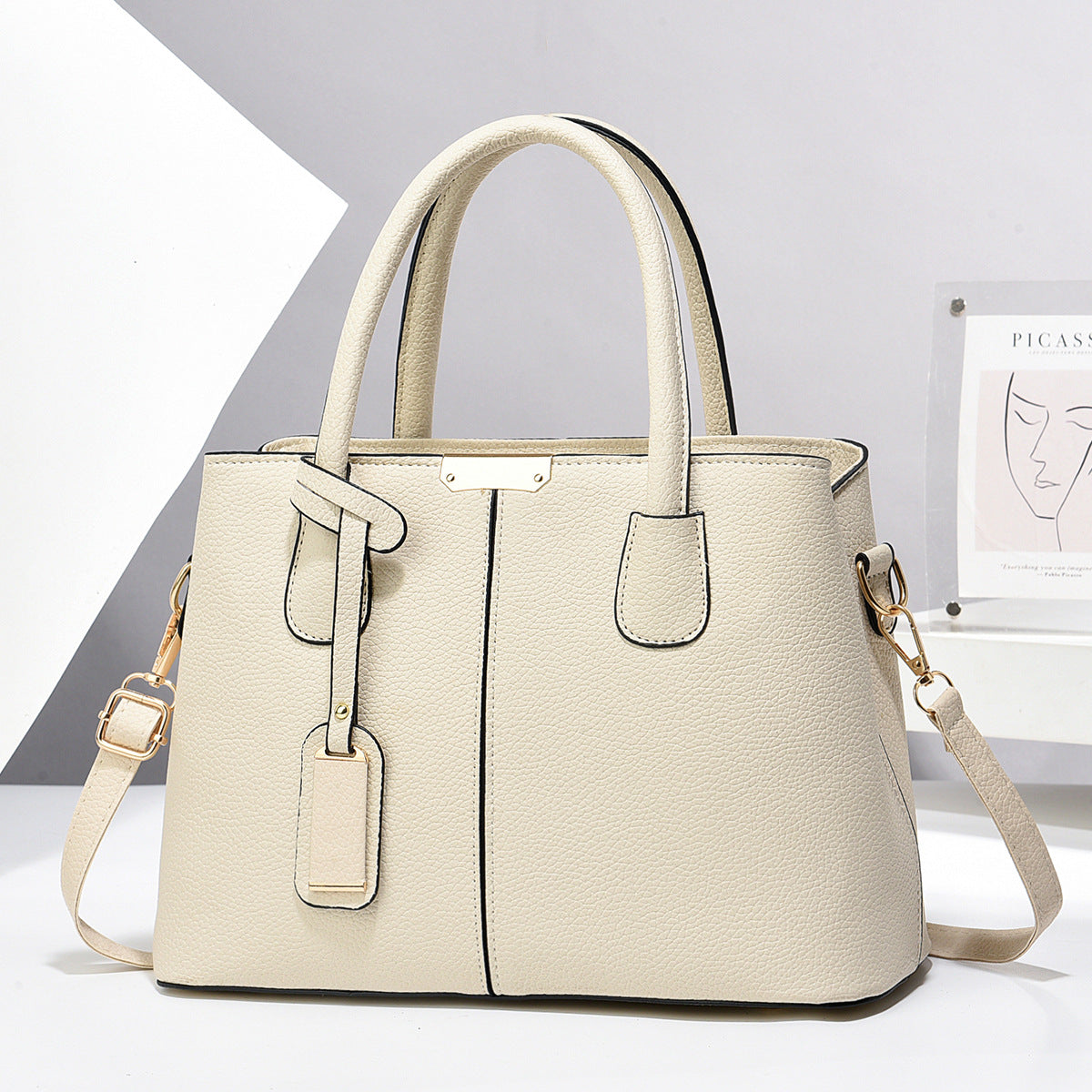 Structured Satchel Tote in Beige