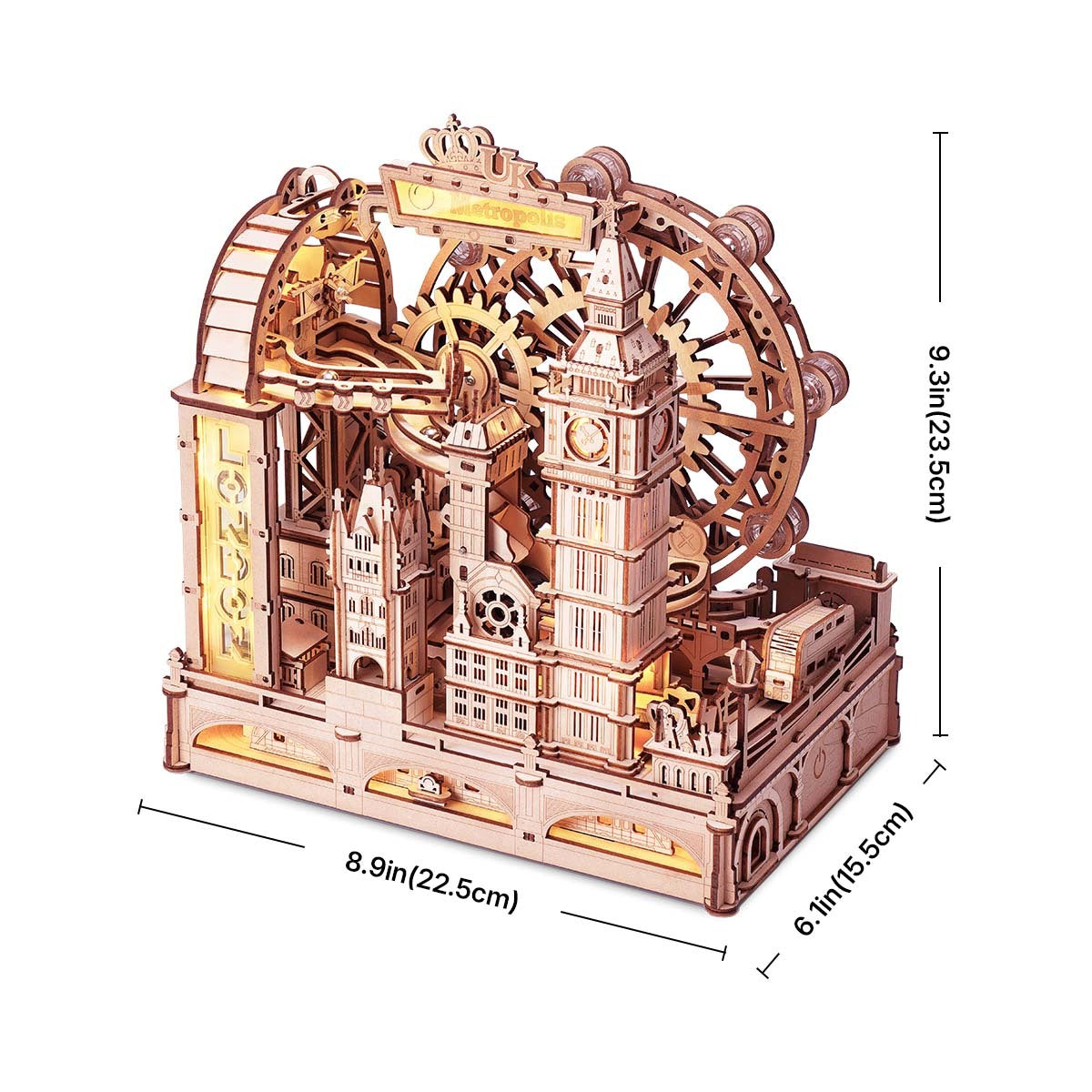 ROBOTIME 3D Wooden Puzzle London City Mechanical Model With Marble Run & LED Lights, DIY Decorative Kit For Adults & Teens