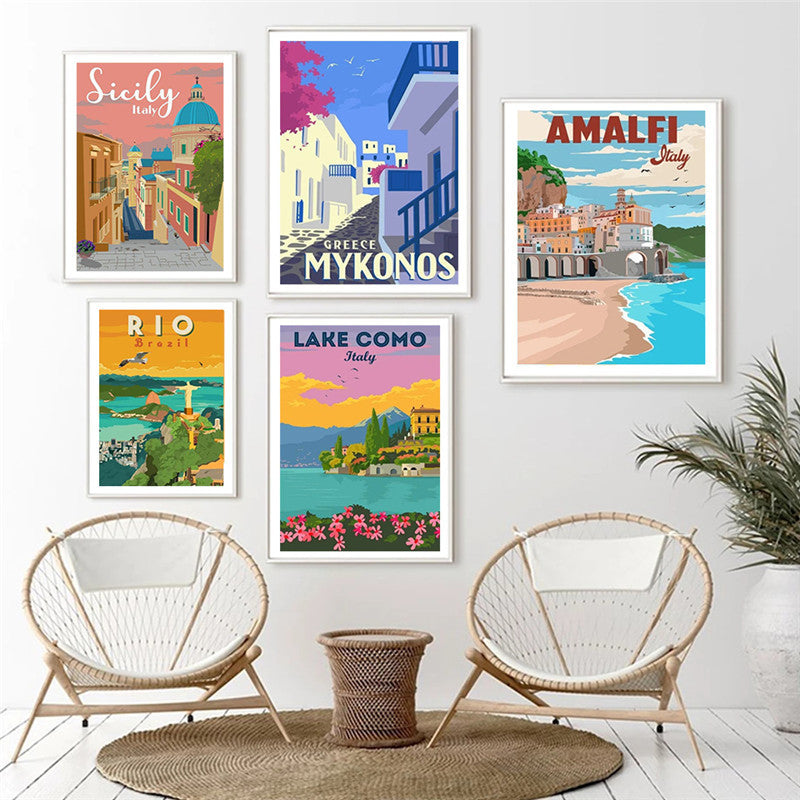 Spain Amalfi Coast Santorini French Riviera Italy Vintage Travel Canvas Painting