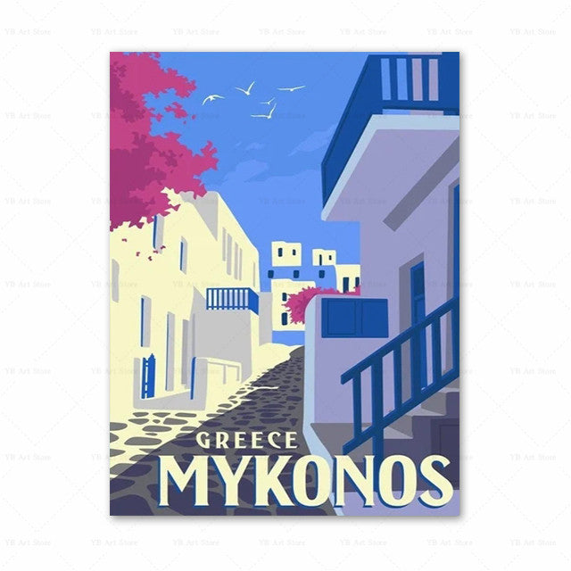 Spain Amalfi Coast Santorini French Riviera Italy Vintage Travel Canvas Painting