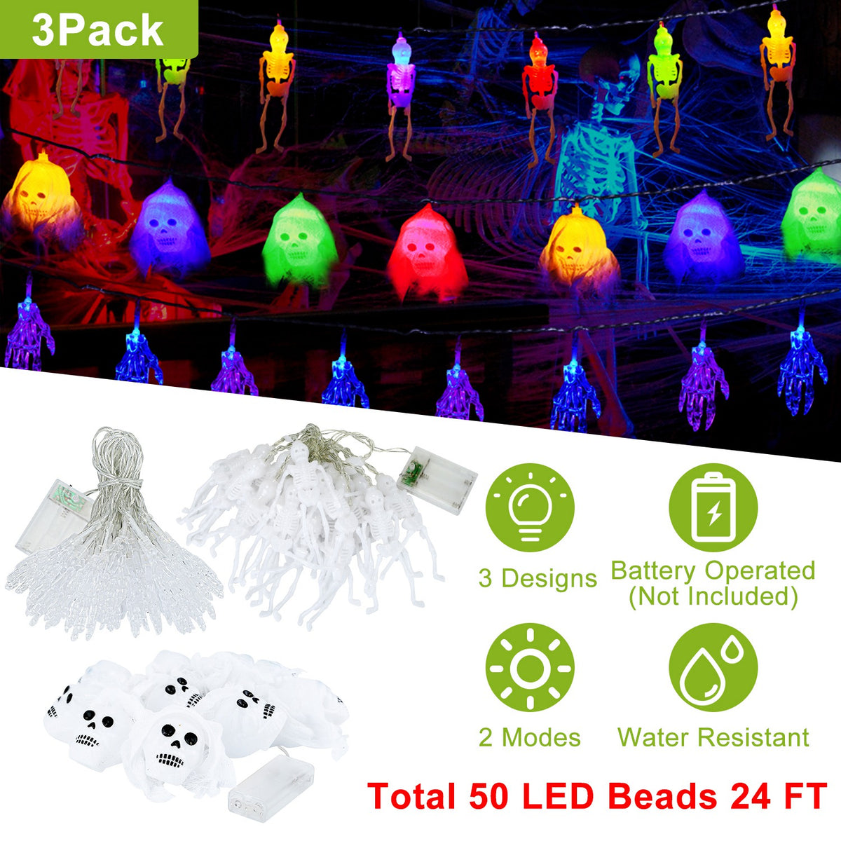 Skeleton & Ghost String Lights — Set of 3