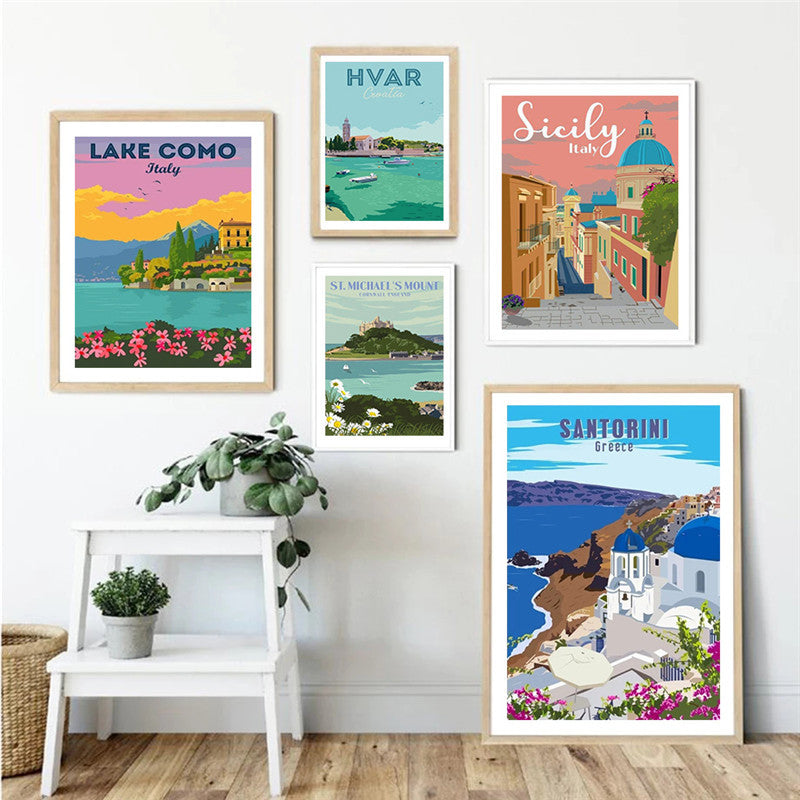Spain Amalfi Coast Santorini French Riviera Italy Vintage Travel Canvas Painting