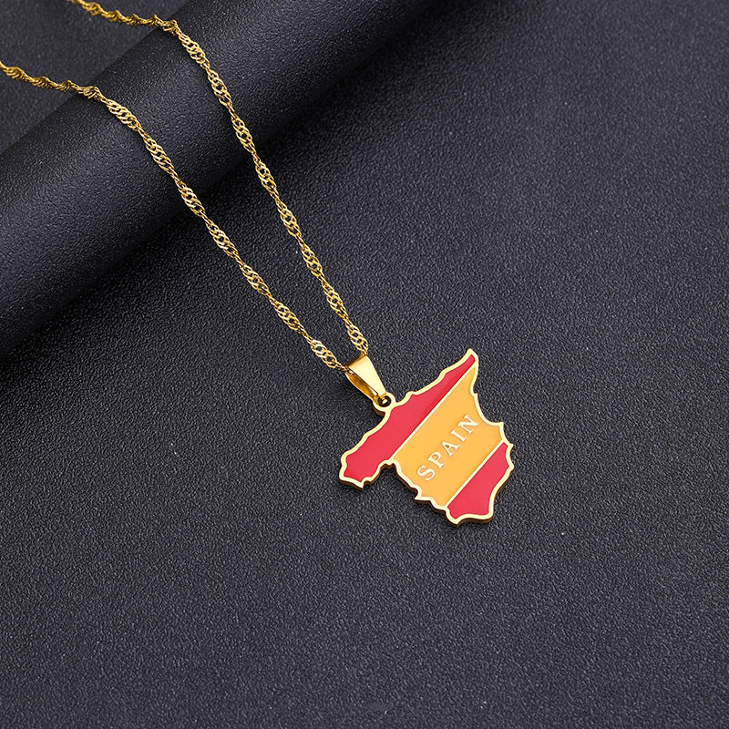 European And American Retro Drip Oil Spain Map Necklace