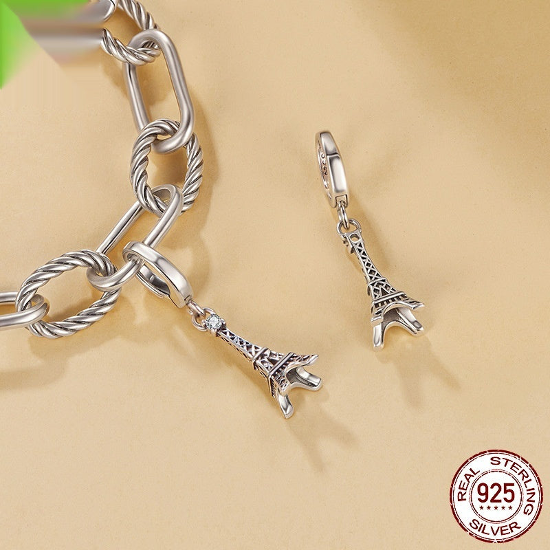 Opening And Closing Eiffel Tower Pendant S925 Silver Beaded