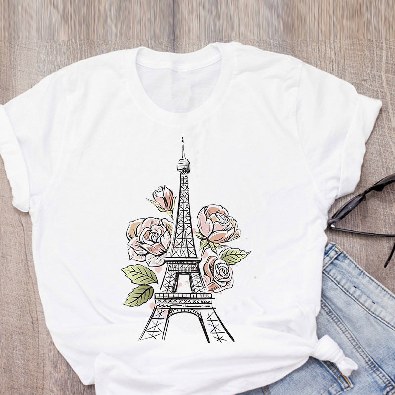 T-Shirt Women's Eiffel Tower Print White Fashion Harajuku T-Shirt