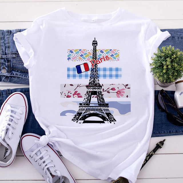 Fashion Eiffel Tower Print Women's Short Sleeve
