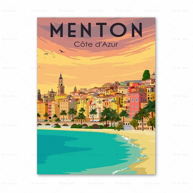 Spain Amalfi Coast Santorini French Riviera Italy Vintage Travel Canvas Painting