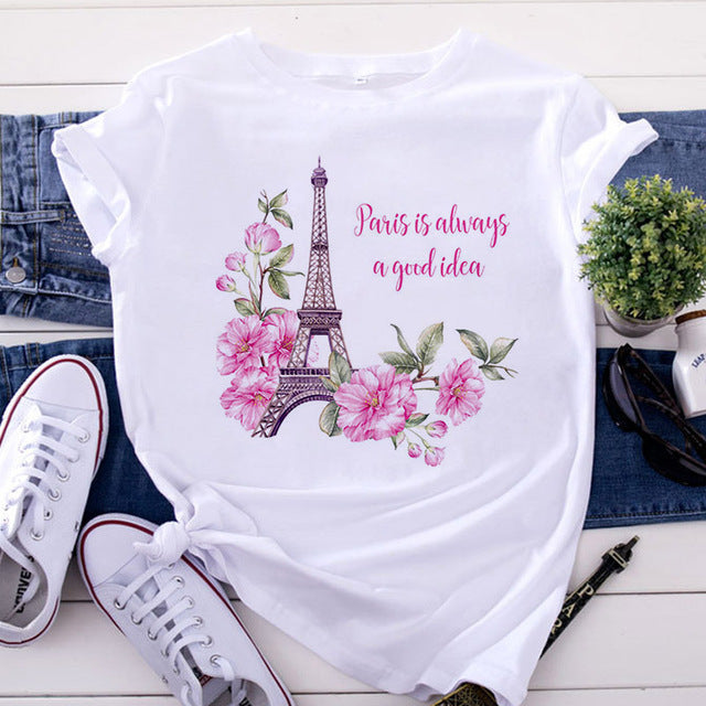 Fashion Eiffel Tower Print Women's Short Sleeve