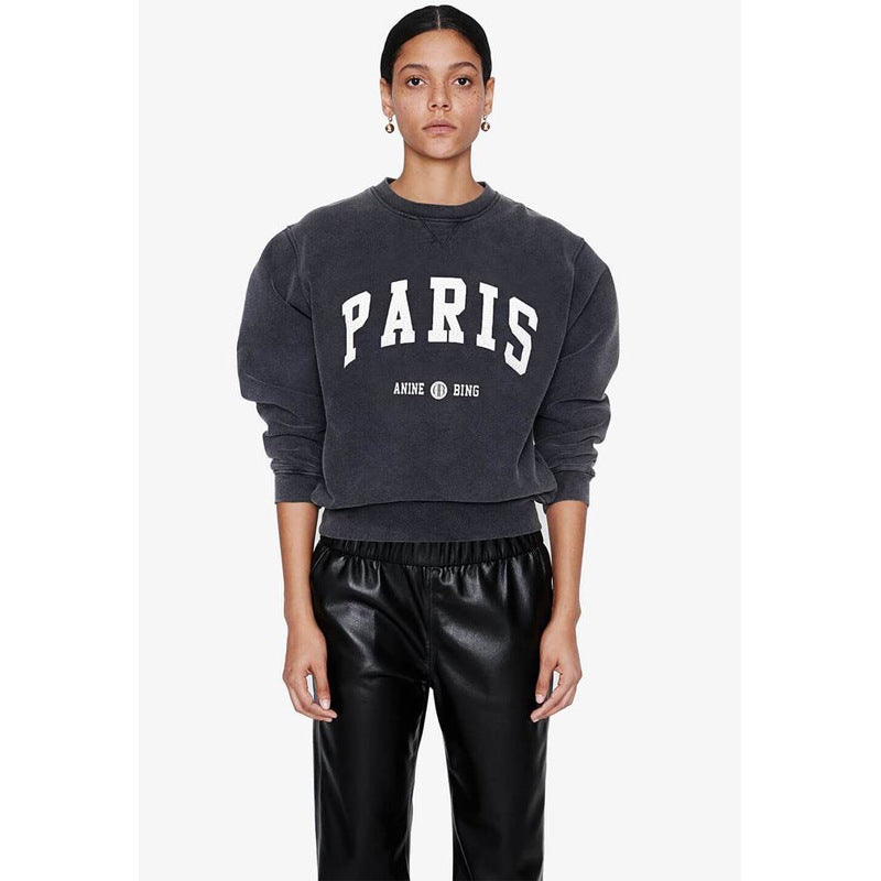 Women's Letter PARIS Black And Gray Round Neck Cotton Sweater