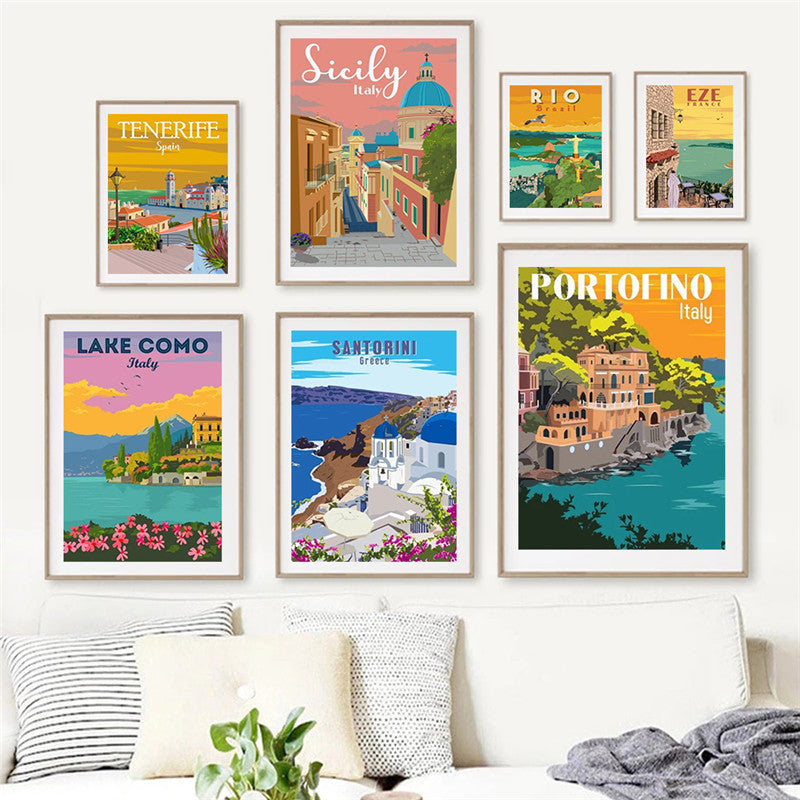 Spain Amalfi Coast Santorini French Riviera Italy Vintage Travel Canvas Painting