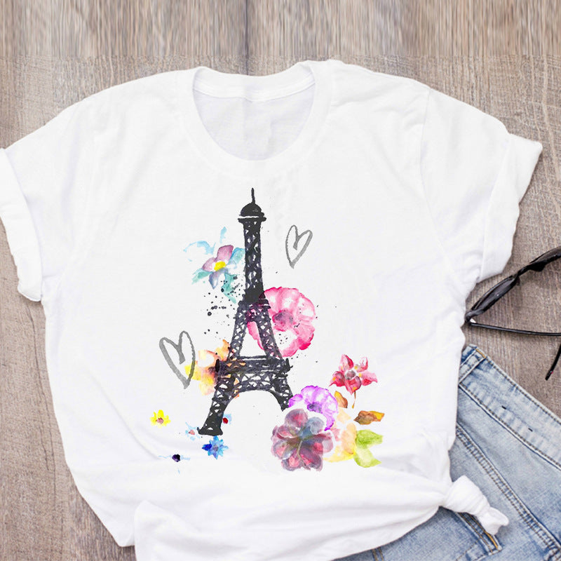 T-Shirt Women's Eiffel Tower Print White Fashion Harajuku T-Shirt