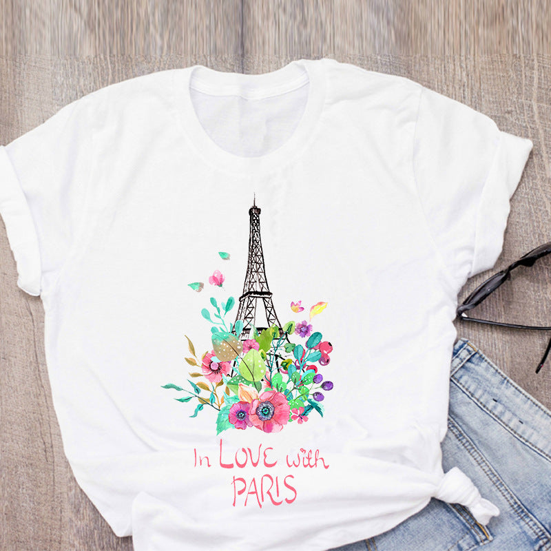 T-Shirt Women's Eiffel Tower Print White Fashion Harajuku T-Shirt