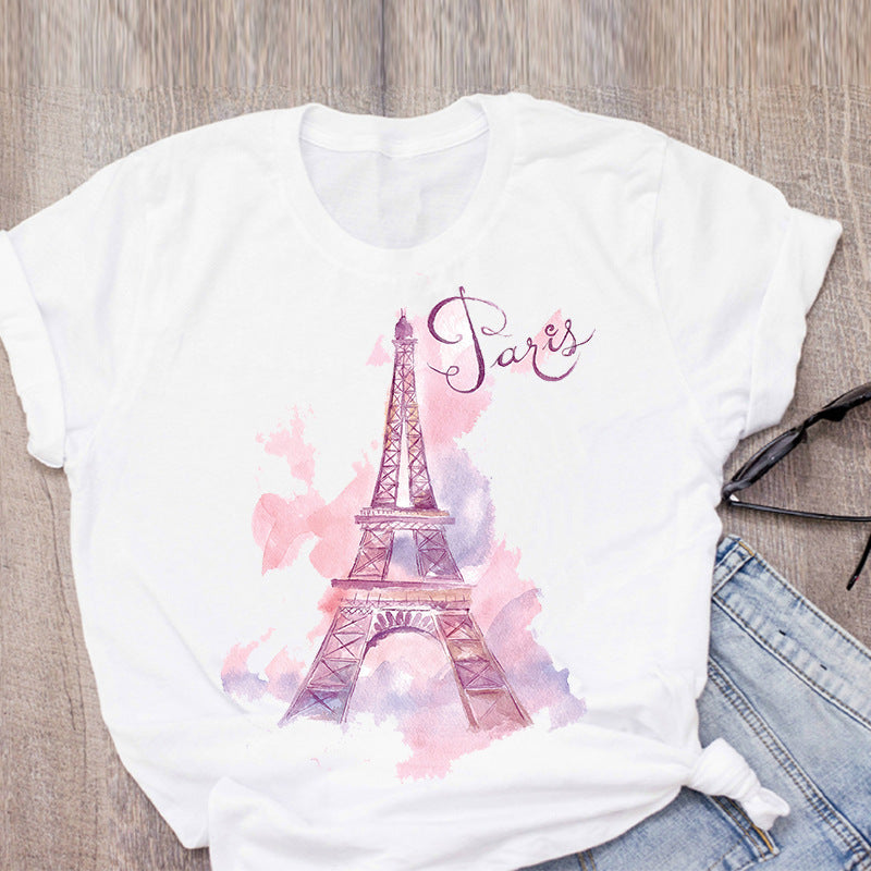 T-Shirt Women's Eiffel Tower Print White Fashion Harajuku T-Shirt