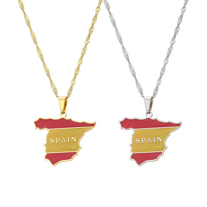 European And American Retro Drip Oil Spain Map Necklace