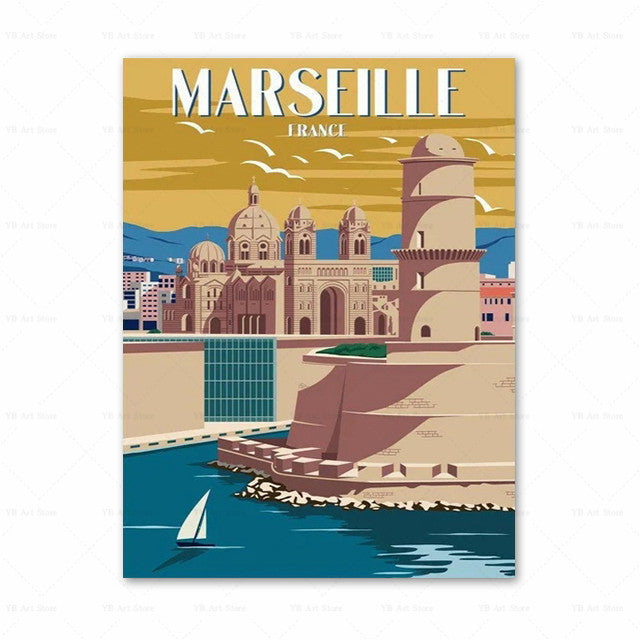 Spain Amalfi Coast Santorini French Riviera Italy Vintage Travel Canvas Painting