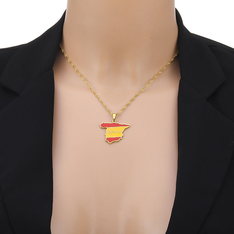 European And American Retro Drip Oil Spain Map Necklace