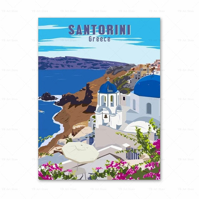 Spain Amalfi Coast Santorini French Riviera Italy Vintage Travel Canvas Painting
